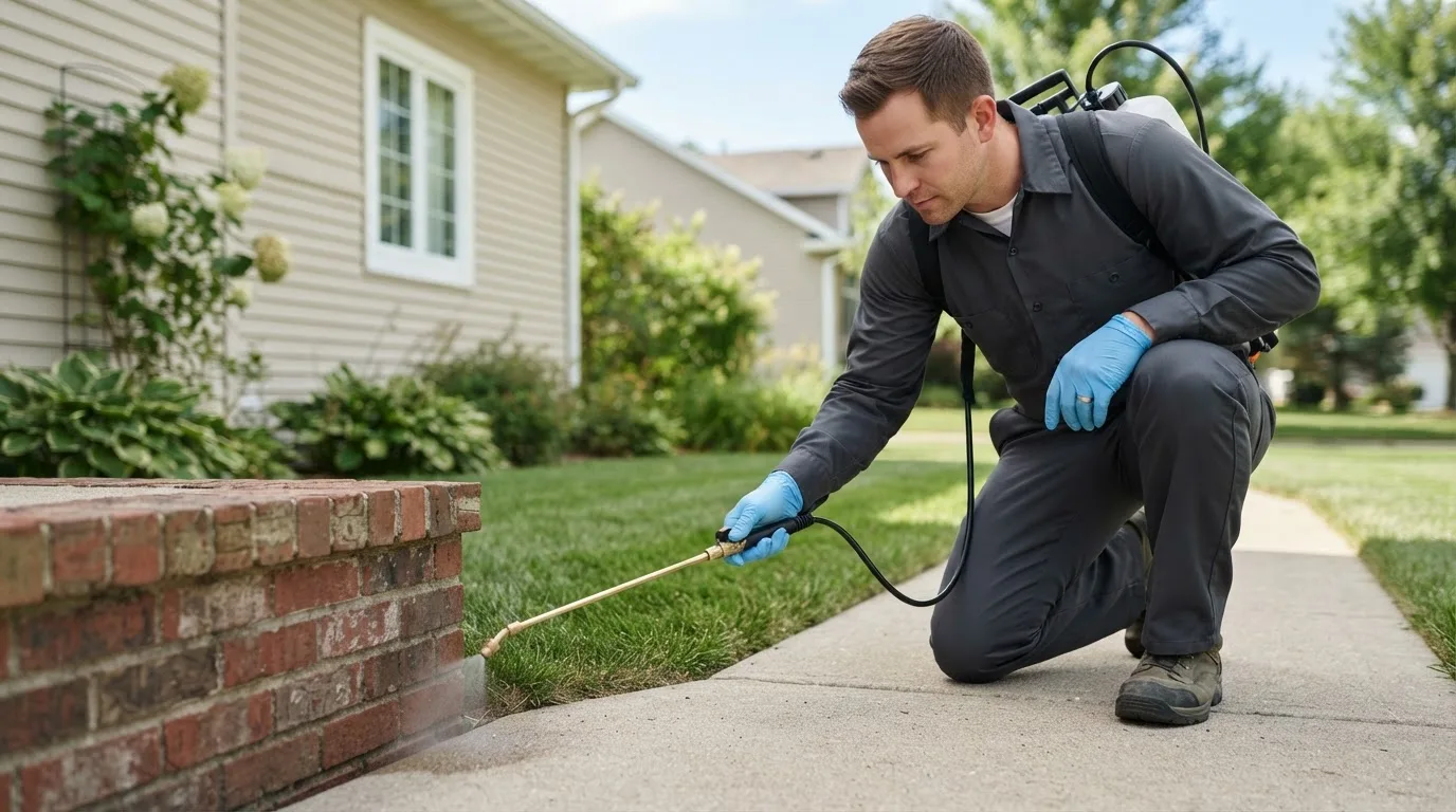 Pest control technician treating a home near Greens Fork, IN