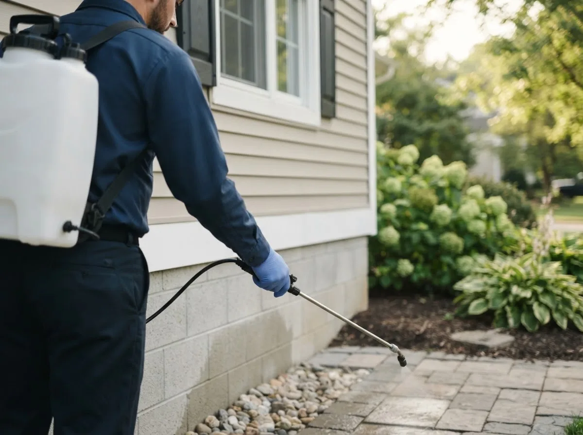 Pest control technician inspecting a home in Greens Fork, IN